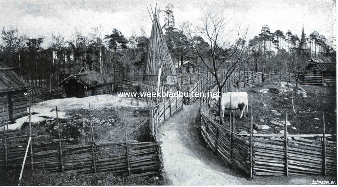 Openluchtmusea. De Fbodfallen uit Jaintland op Skansen. Woonhuis, schuur, kookhuis, veestraat, koestal