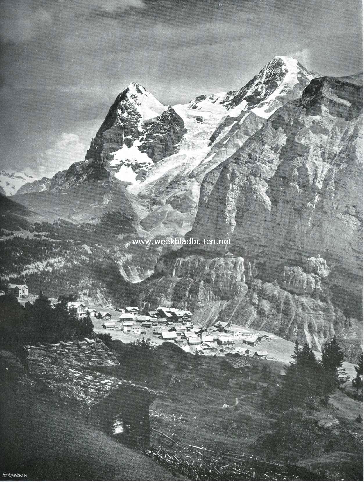 Het Zwitsersche dorp Mrren. Op den achtergrond Eiger en Mnch