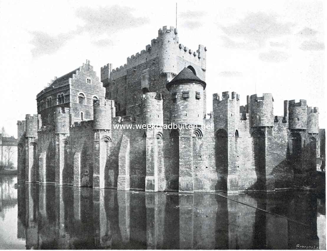 's-Gravensteen te Gent. 's-Gravensteen, gezien van de waterzijde