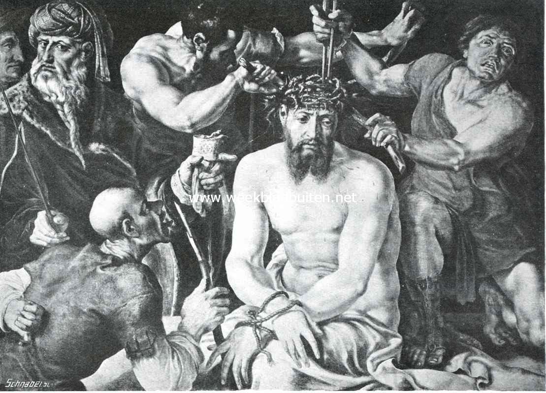 Een goedgeslaagde herstelling van een schilderij. De hierboven gereproduceerde schilderij van Maarten van Heemskerk (1498-1574) voorstellende Jezus, wien de doornenkroon wordt opgezet, bevindt zich in het museum te Haarlem, ze was op hout geschilderd, dat echter begon te vermolmen, waarop den heer van Bommel te Watergraafsmeer opdracht werd gegeven, om de verf van het hout op doek over te brengen. Dit was, zooals te begrijpen is, geen gemakkelijk werk, vooral daar de verf reeds op verschillende plaatsen had losgelaten, doch het is gelukkig geslaagd