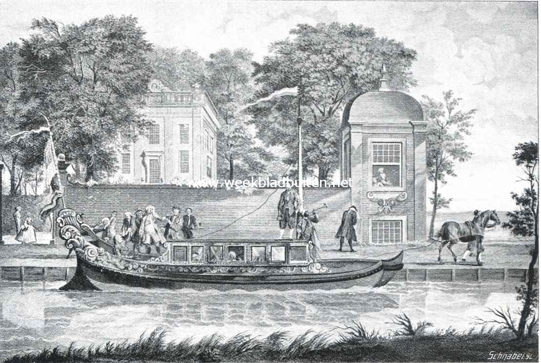 Vroolijk gezelschap, aan boord van een Zaansch jacht gaande voor de lustplaats Suypenstein. Naar de prent van C. Troost
