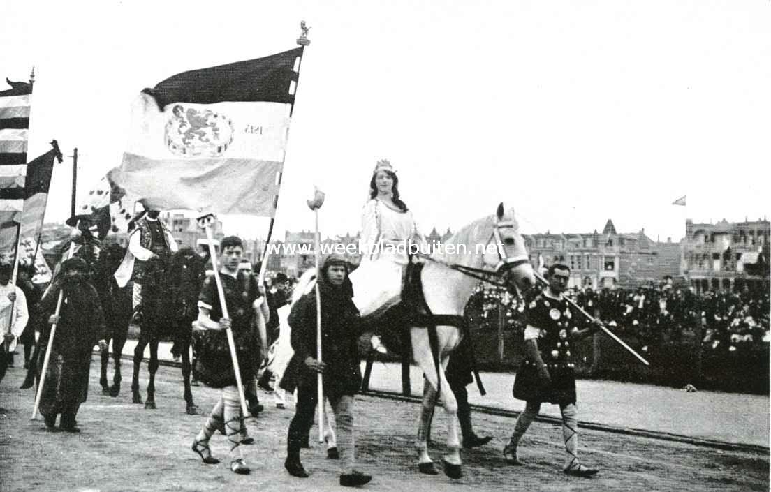 De Nationaal Historische Optocht te 's Gravenhage op 5 September l.l. De Nederlandsche Maagd (Mevrouw Salm-Matthes) omgeven door vertegenwoordigers van leger en vloot