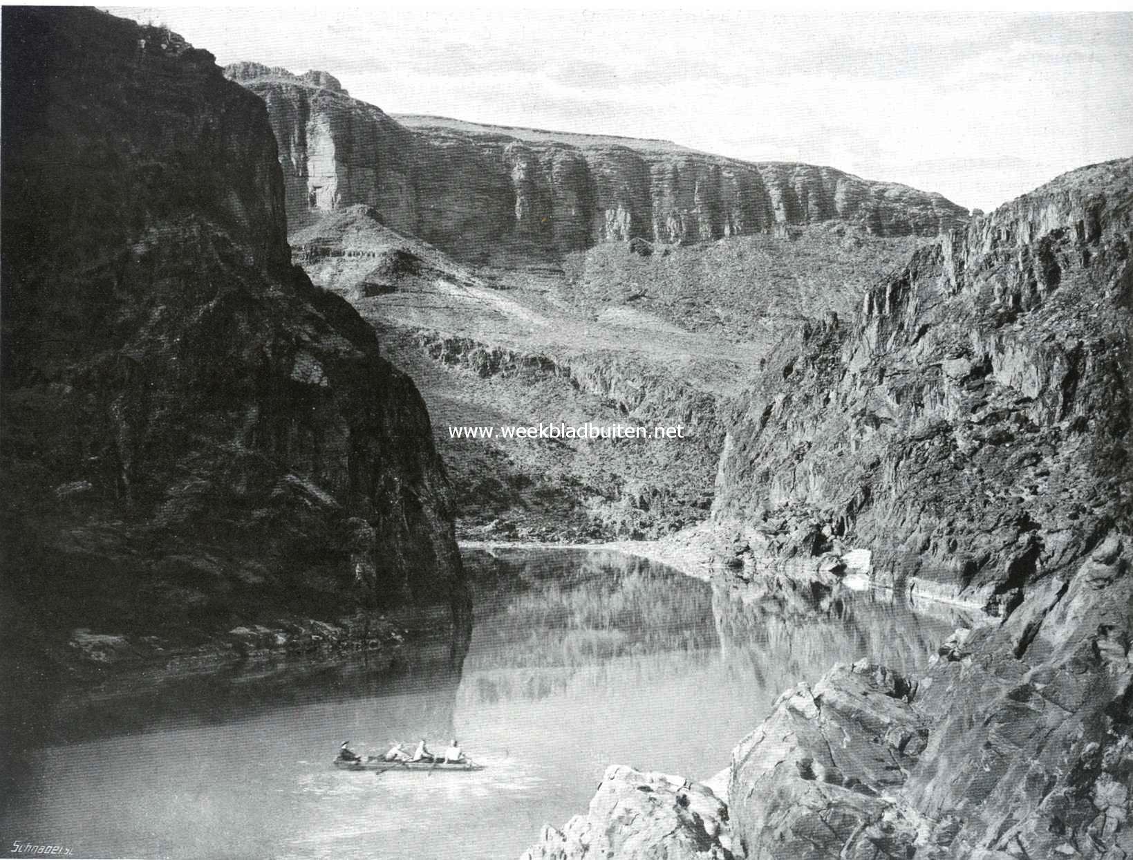 De Grand Canyon van Arizona. De Colorado Rivier, in de diepte van den Grand Canyon stroomend