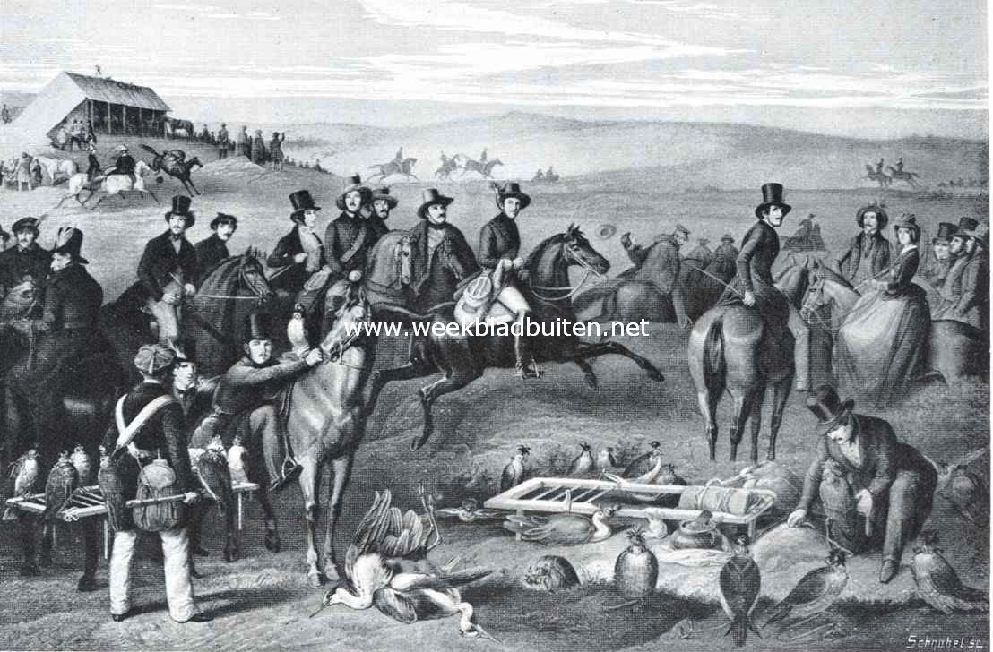 De valkenjacht in 1843. (naar de schilderij van J.B. Sonderland). In het midden Prins Alexander, gevolgd door den Hertog van Leeds en andere leden der club. Ter linkerzijde de valkeniers F. van den Heuvel te paard met een valk op de hand, en A. Mollen, op valkenierswijze rechts te paard stijgende, Op den achtergrond den tent op den Galgenberg