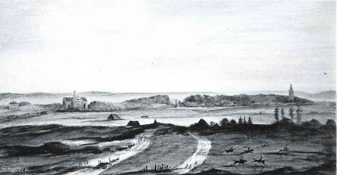 De valkenjacht in 1843. (naar de aquarel van A. Lieman). Ter rechterzijde en reiger en een valk in de lucht, door de valkenjagers op de heide achtervolgd. Op den achtergrond Apeldoorn, gezien van den Galgenberg