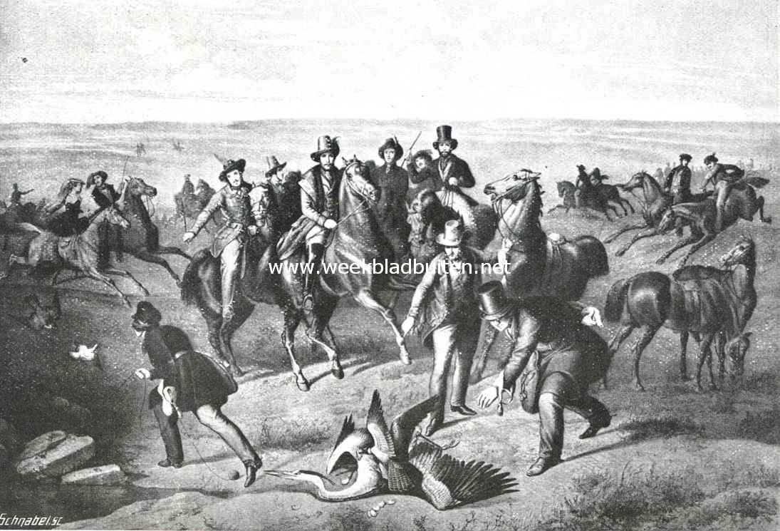 De valkenjacht in 1843. (naar de schilderij van J.B. Sonderland). De reiger is juist door een valk op den grond gebracht, terwijl de andere door een helper met een duif aan een lijn wordt opgevangen. In het midden de Prins van Oranje (later Koning Willem III), gevolgd door zijn adjudant Sir Newcome, afgestegen, geeft den valkeniers aanwijzingen