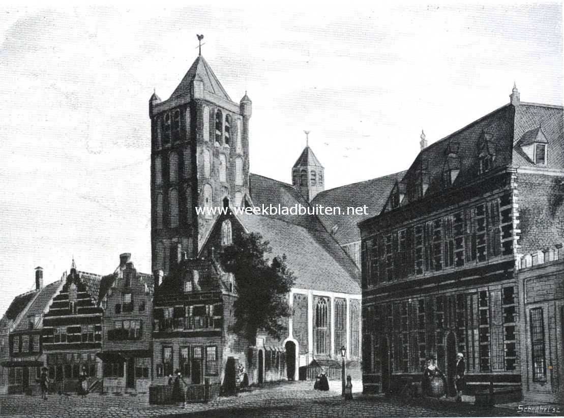 Sloopend herboren Nederland. De St Pieterskerk te Middelburg, het oudste bedehuis der stad, afgebroken in 1834. Wat de stijlvolle omgeving der kerk betreft, al de op deze afbeelding zichtbare huizen zijn gesloopt of tot onherkenbaar wordens toe verbouwd