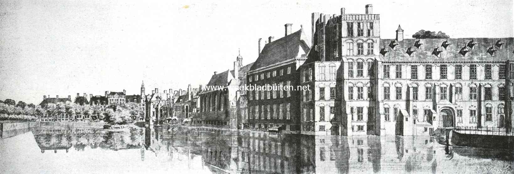 Sloopend herboren-Nederland. IV. Een eeuw slooperswerk in Den Haag. De gevels van het Binnenhof aan den vijver, vr de afbraak van de kapel en van de links daarvan liggende gebouwen