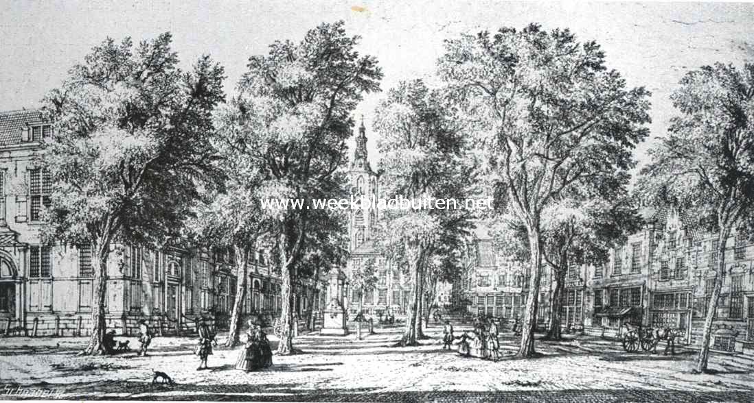 Sloopend herboren-Nederland. IV. Een eeuw slooperswerk in Den Haag. Groote Markt, waarachter de Sint Jacobstoren met de oorspronkelijke spits. Een tot onherkenbaar wordens toe veranderd mooi Hollandsch stadsgezicht