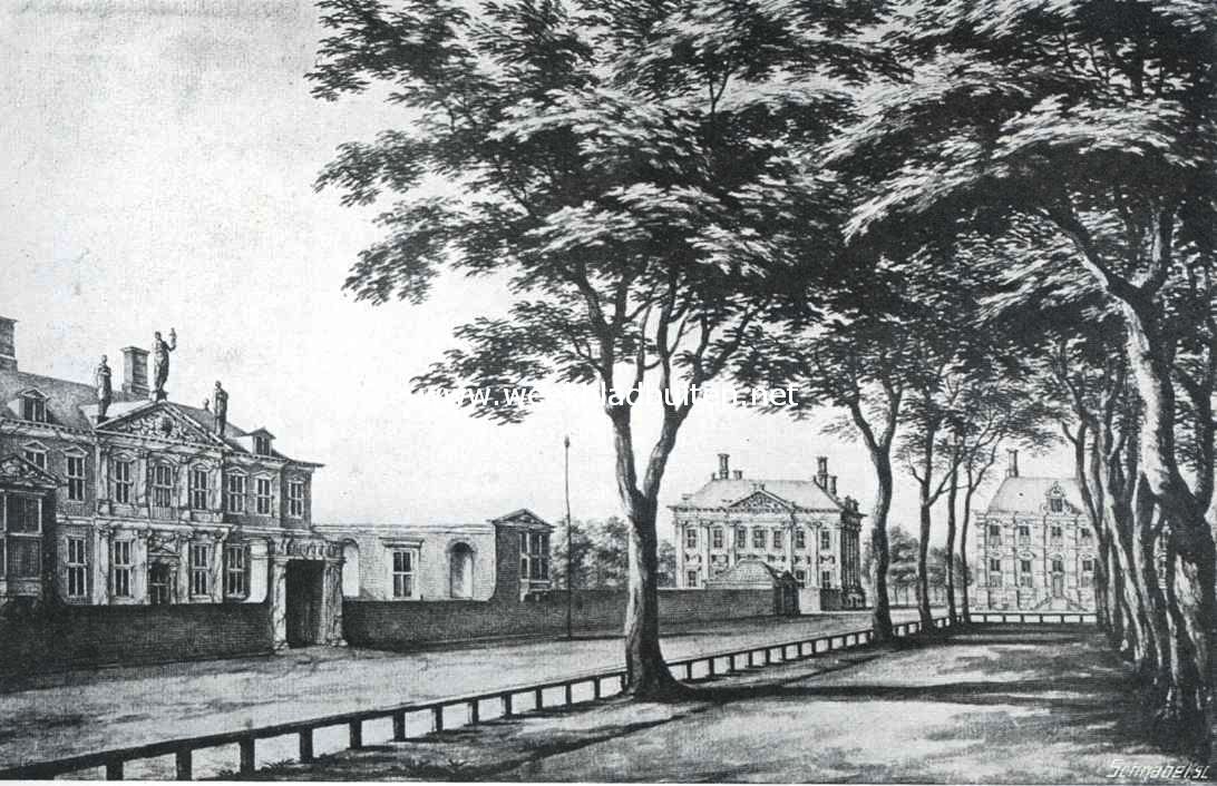 Sloopend herboren-Nederland. IV. Een eeuw slooperswerk in Den Haag. Het Plein met (links) het huis van Constantijn Huygens, afgebroken in 1876. De tuin is reeds in de eesrte helft der 19e eeuw vernield