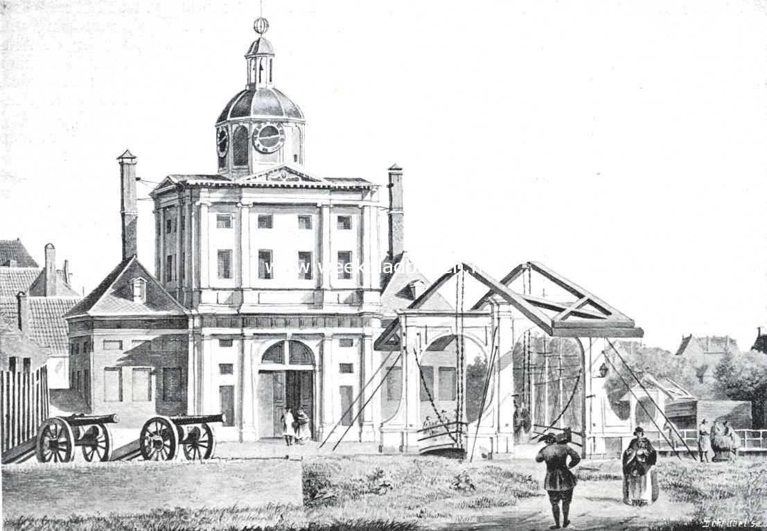 Sloopend herboren Nederland V. Rotterdam, de sloopersstad. (Slot.). Witte Poort aan de Leuvehaven te Rotterdam uit 1661-62, gesloopt in 1854. Naar een teekening van L. Brasser (?) in het gemeente-archief te Rotterdam