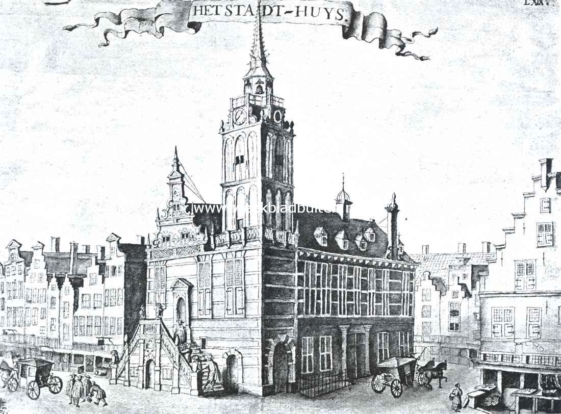 Sloopend herboren Nederland V. Rotterdam, de sloopersstad. (Slot.). Stadhuis en Gasthuistoren aan de Hoogstraat te Rotterdam, gesloopt 1825-'28. Naar een teekening door J. de Kou in het gemeente-archief