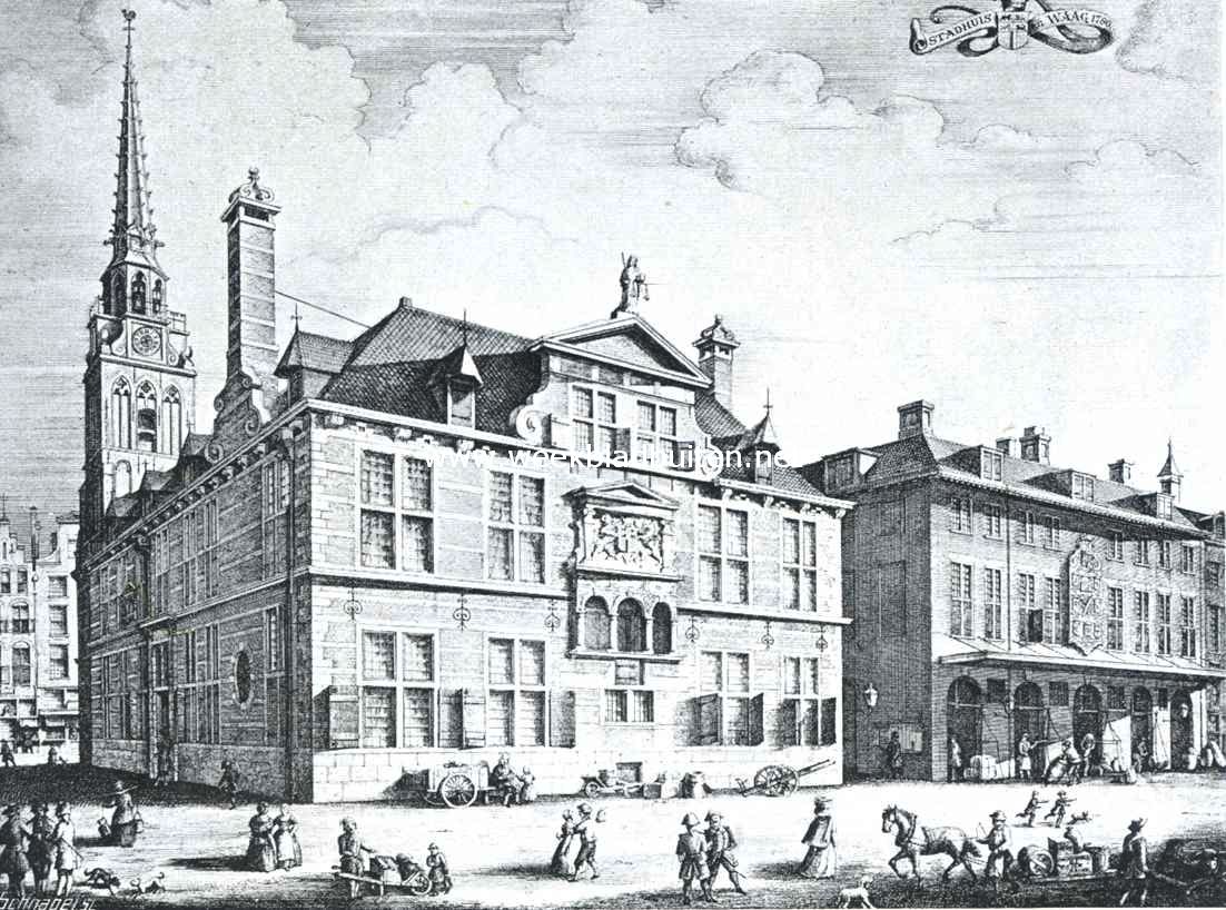 Sloopend herboren Nederland V. Rotterdam, de sloopersstad. (Slot.). Achterzijde van het Stadhuis en de Waag. Naar een kopergravure door H.J. van den Brink, 1880, naar een teekening uit 1780
