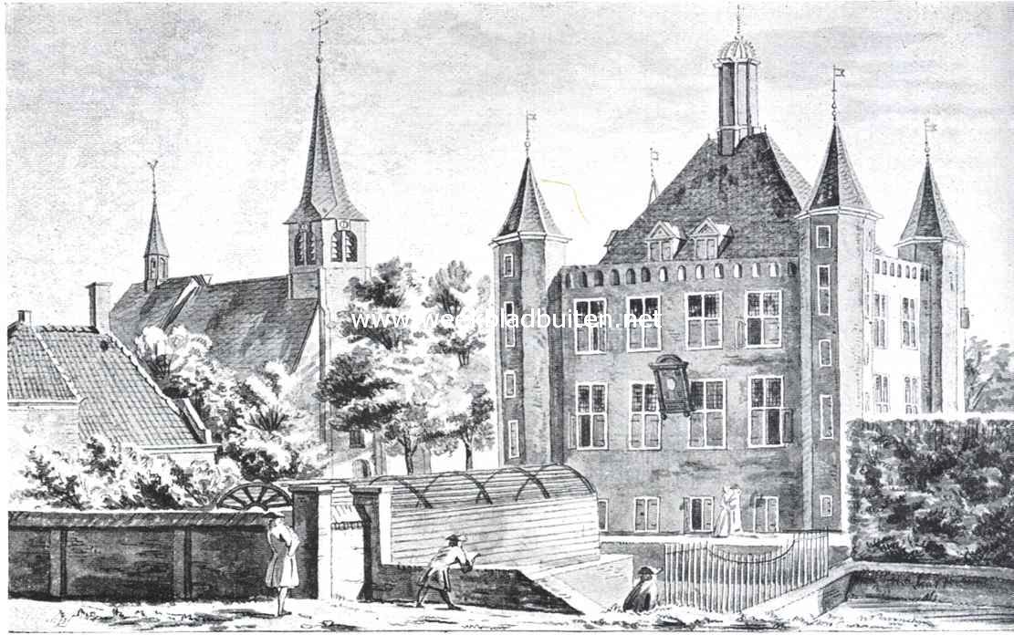 Sloopend herboren Nederland V. Rotterdam, de sloopersstad. (Slot.). Slot (gesloopt omstreeks 1898) en kerk te Ijsselmonde (Naar een teekening van A. de Haan uit 1732 in het Rotterdamsch Gemeente-Archief