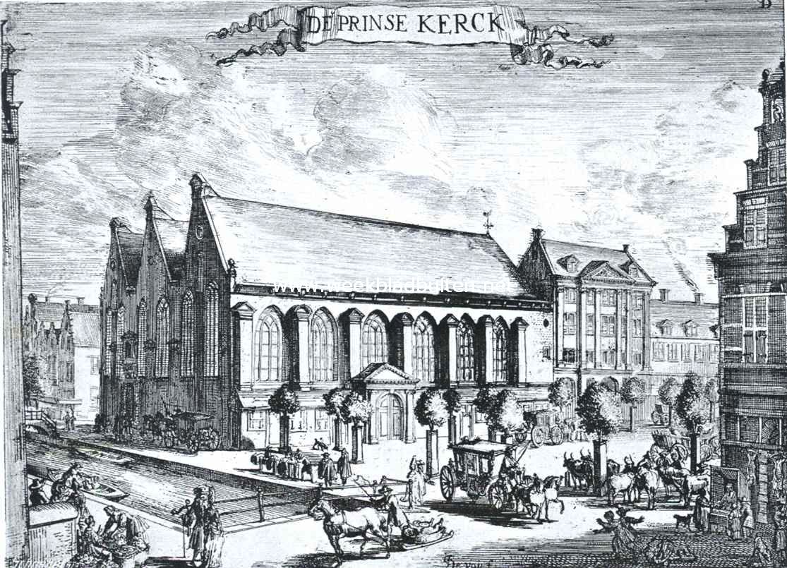 Sloopend herboren Nederland V. Rotterdam, de sloopersstad. (Slot.). De Prinsenkerk te Rotterdam voor de demping van de Botersloot. Voor sloopen verkocht in 1909. (Naar een kopergravure van J. de Vou)