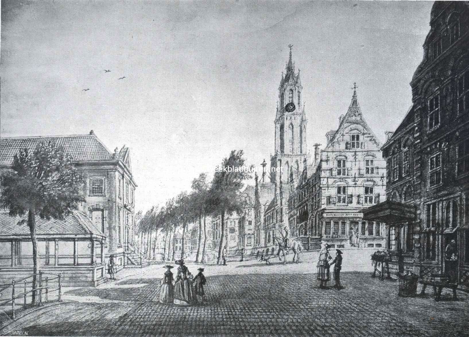 Sloopend herboren Nederland VI. De kleinere steden en het platteland van Zuid-Holland. Stadsgezicht te Delft met de Camaretten (rechts) en de Vleeschhal (links). Naar een teekening in het gemeente-archief te Delft