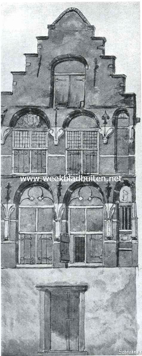 Sloopend herboren Nederland VI. De kleinere steden en het platteland van Zuid-Holland. Het huis de Windasboog te Dordrecht, gesloopt in 1890. Naar een teekening van J.R. Uiten in de collectie van Mr. S. van Gijn