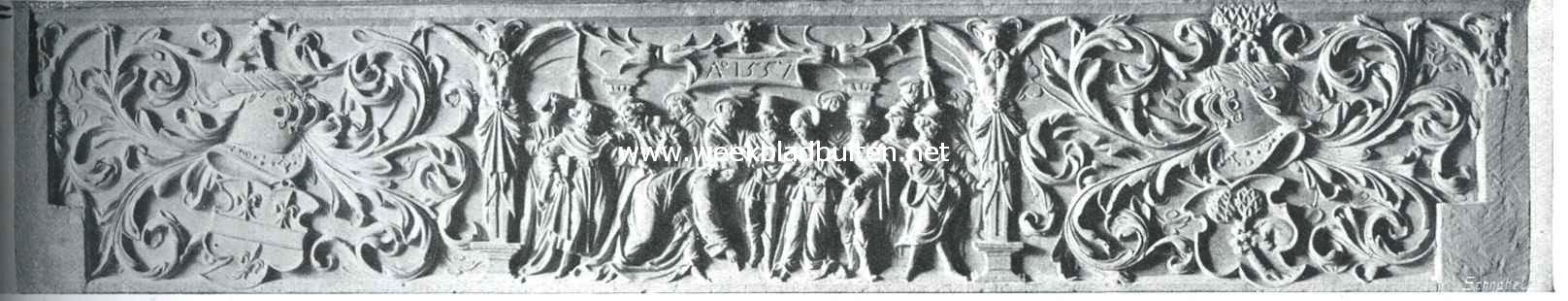 Kasteel Ter Horst. De gebeeldhouwde lijst der antieke schouw in het kasteel Ter Horst. In het midden: Christus en de overspelige vrouw. (Joh. VIII:6)