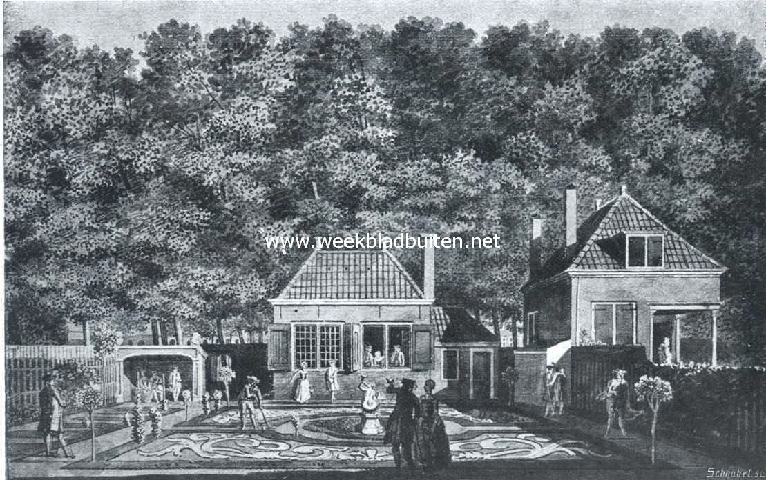 Sloopend herboren Nederland VI. De kleinere steden en het platteland van Zuid-Holland, de landhuizen. Tuin aan den Hoogstratensingel te Dordrecht. Naar een teekening in de collectie van Mr. S. van Gijn