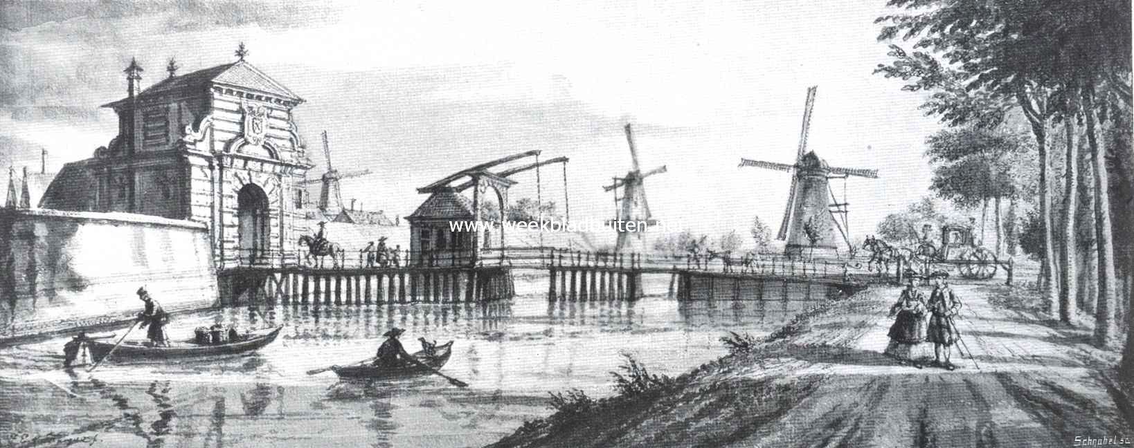 Sloopend herboren Nederland VI. De kleinere steden en het platteland van Zuid-Holland. (Vervolg). De Rijnsburgerpoort te Leiden, gesloopt in 1867. Naar eene teekening van  J.E. de la Fargue in het gemeente-archief aldaar