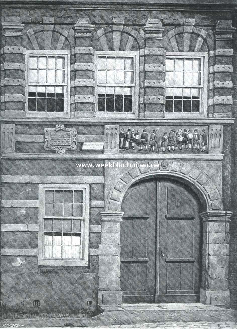 Sloopend herboren Nederland VI. De kleinere steden en het platteland van Zuid-Holland. (Slot). Hoofdingang van het in 1877 afgebroken Sacraments-Gasthuis aan de Vischmarkt te Dordrecht. Naar eene teekening in het gemeente-archief aldaar