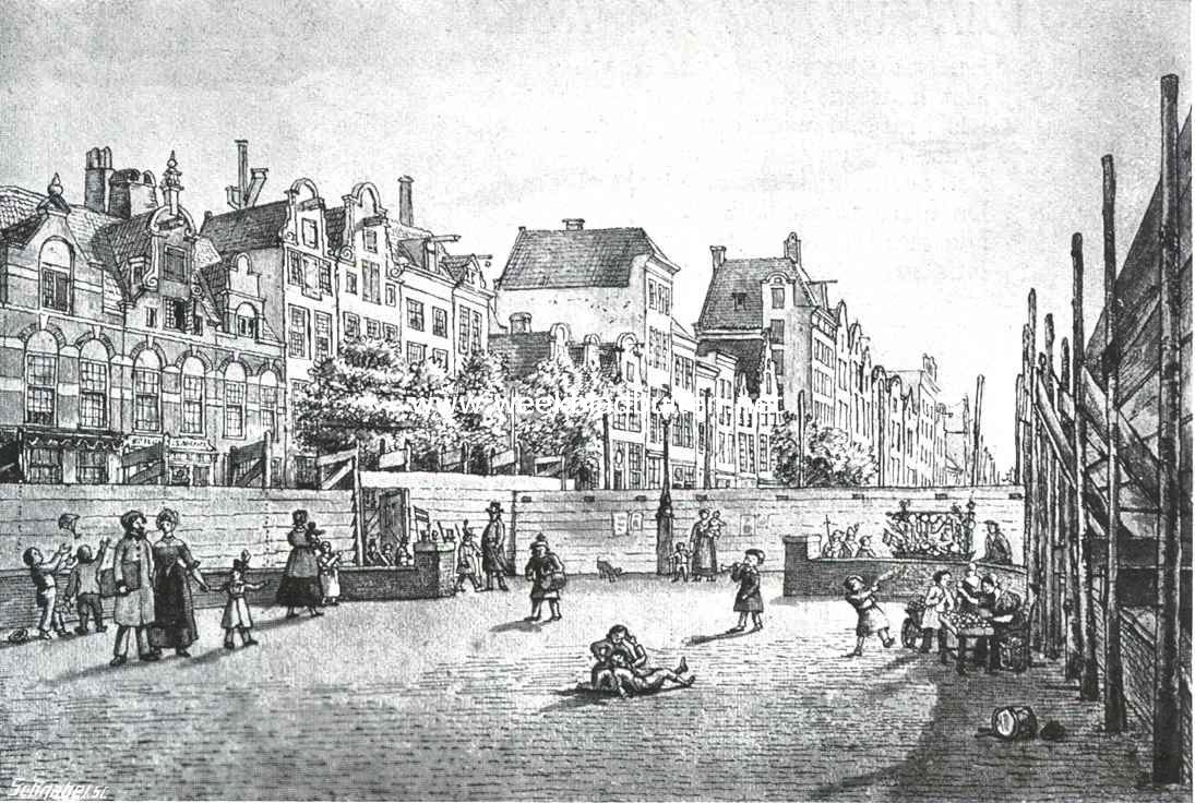 Het Rokin te Amsterdam. De Noodhulp-Beurs op het pleintje van de oude Beurs. Links: de oostzijde van het Rokin. (Teekening in sepia en O.-I. inkt van G. Lamberts, Gemeente-atlas, Amsterdam)