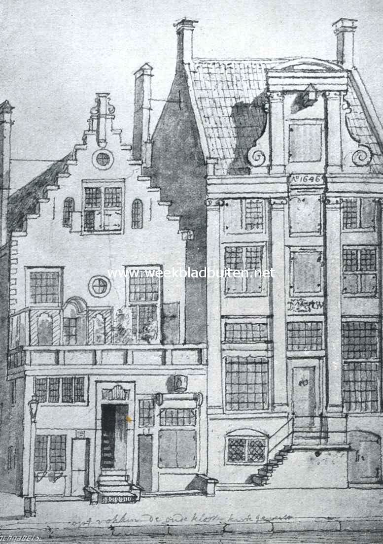 Het Rokin te Amsterdam. Laatste overblijfsel van de Kapel van 't St. Mariaklooster, Rokin hoek Kalfsvelsteeg, gesloopt ongeveer 1896. (18e eeuwsche O.-I. inktteekening, Gemeente-atlas, Amsterdam