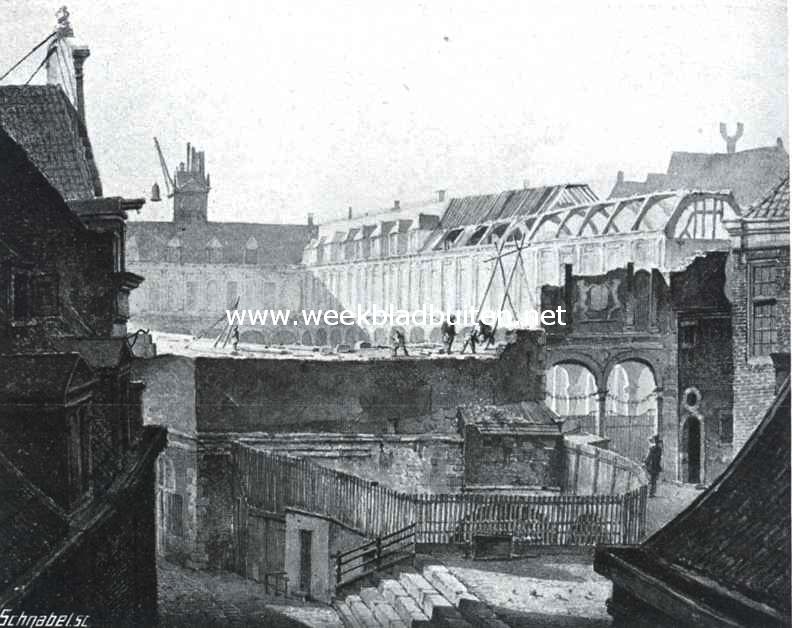 Het Rokin te Amsterdam. De Beurs onder sloopershanden in Maart 1837. (Gekl. Teekening van K. Karssen, Gemeente-atlas, Amsterdam)