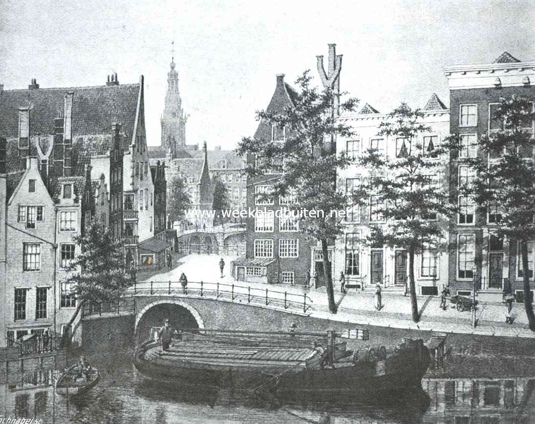 Het Rokin te Amsterdam II. De Oude Turfmarkt, hoek Grimnessesluis omstreeks 1865, op den achtergrond 