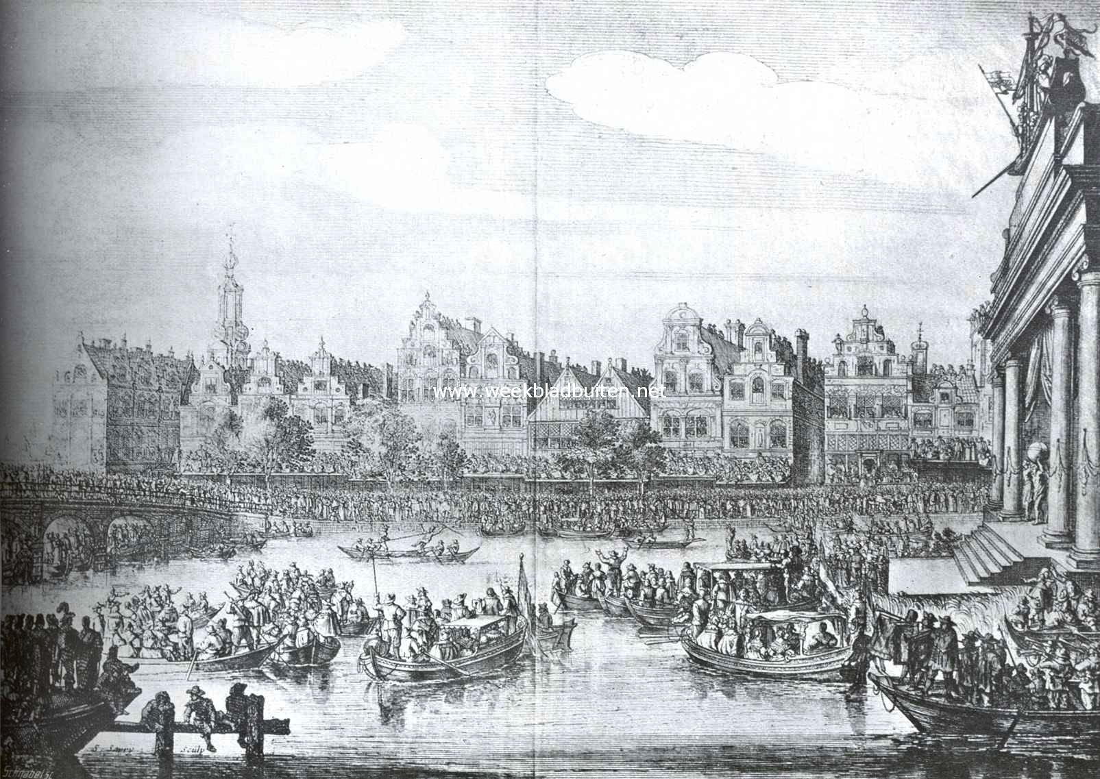 Het Rokin te Amsterdam III. Gezicht bij de Munt en de Doelenbrug, tijdens de feesten voor Maria de Medicis, 1638. (Naar een Ets van Savry, naar S. de Vlieger)