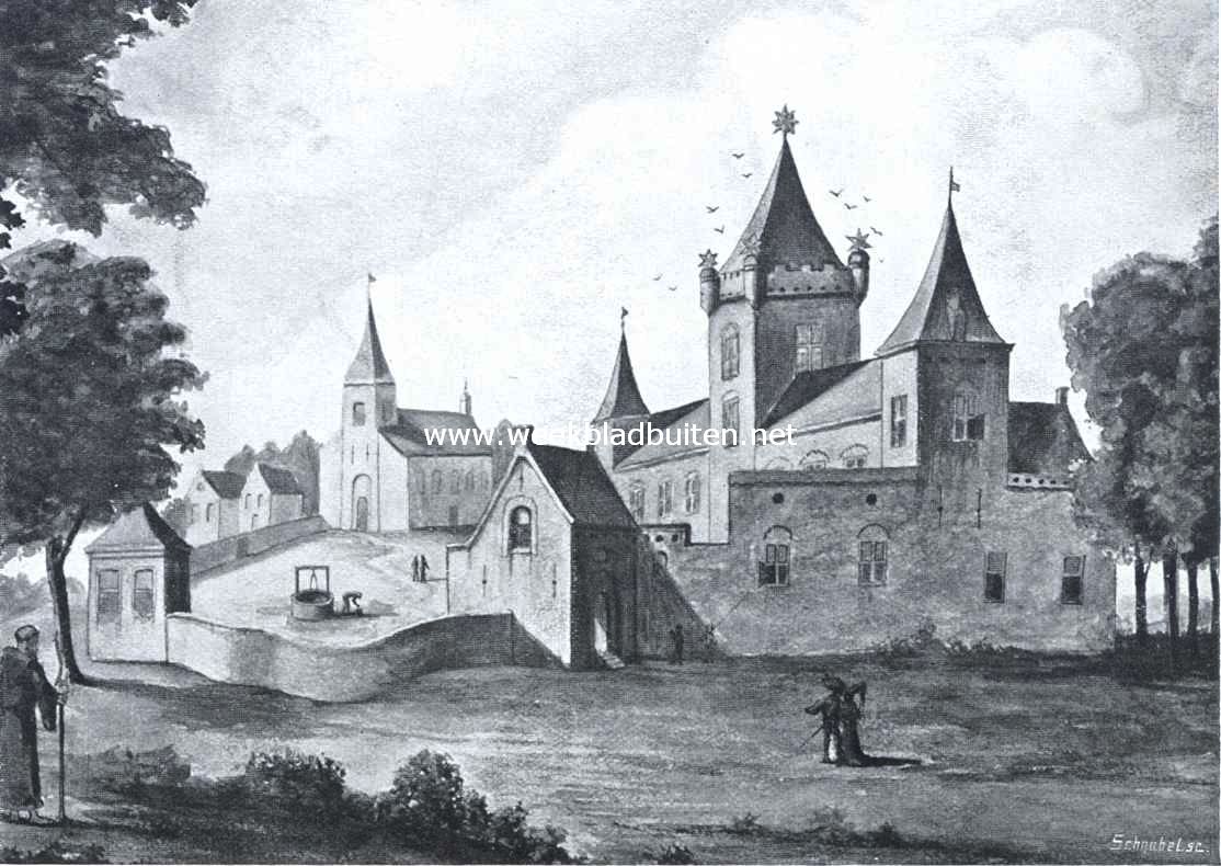 Het kasteel te Hillegersberg in de veertiende eeuw. Naar een teekening in het gemeente-archief te Rotterdam