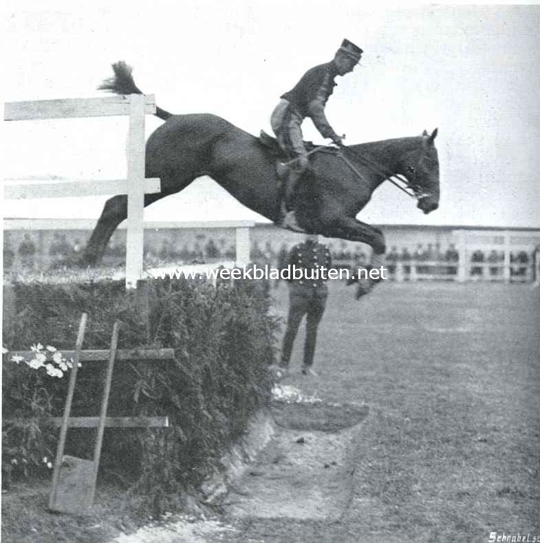 Het concours hippique te 's-Gravenhage. De Belgische officier Nijssens in den sprong