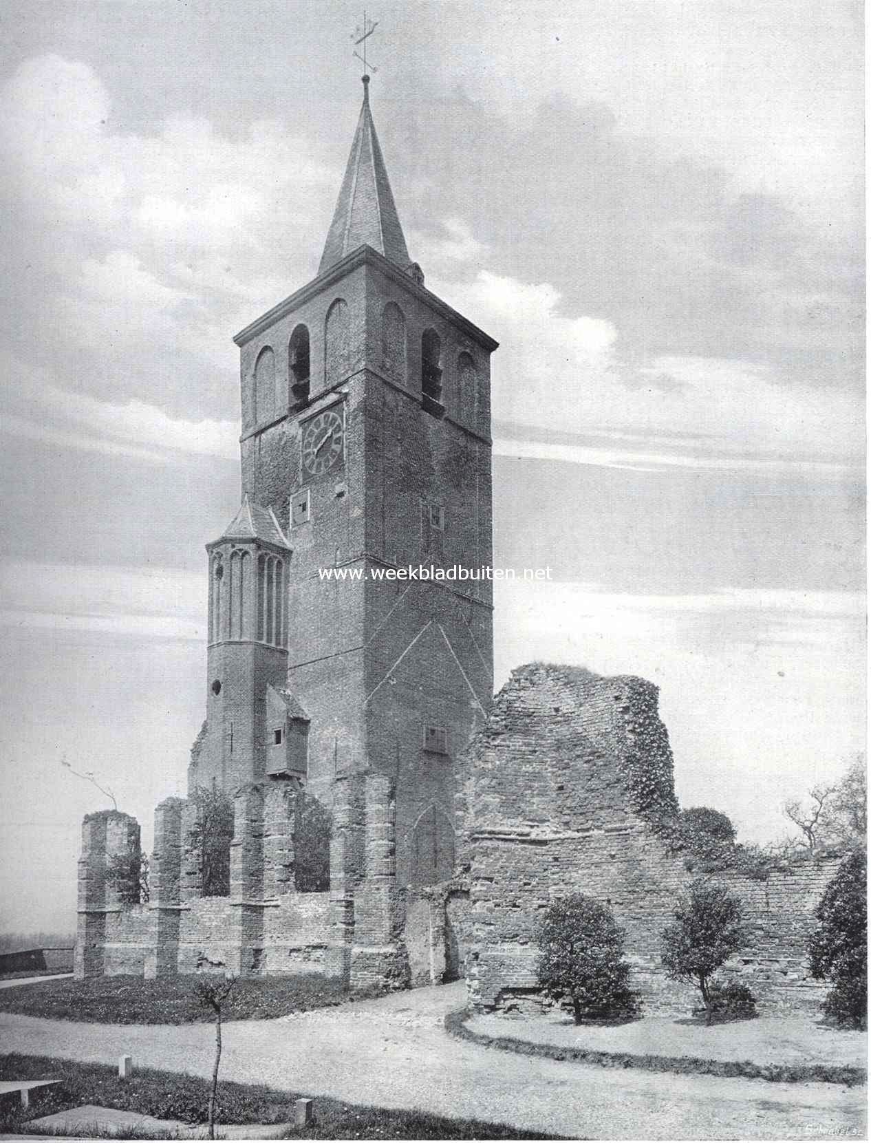 Toren en rune der oude kerk te Warmond. In 1573 tijdens het eerste beleg van Leiden door de Spanjaarden verwoest