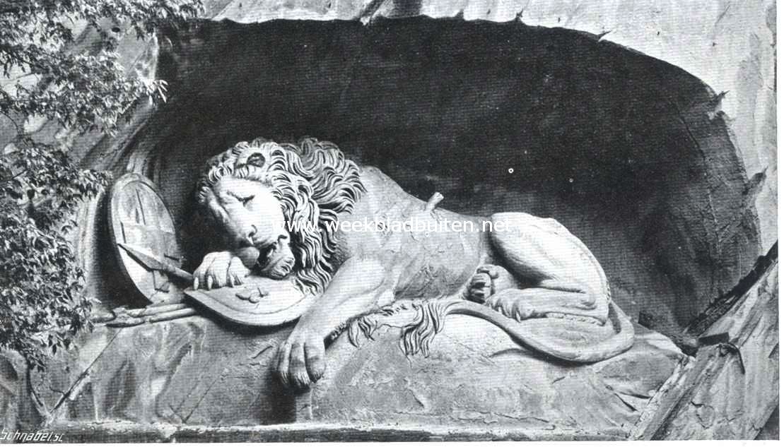 Luzern. Helvetiorum Fidel Ac Virtuti. De leeuw van Luzern, gedeekteeken in de rotsen uitgehouwen ter eere der Zwitsers, in 1792 bij de bestorming der Tuilerin gesneuveld