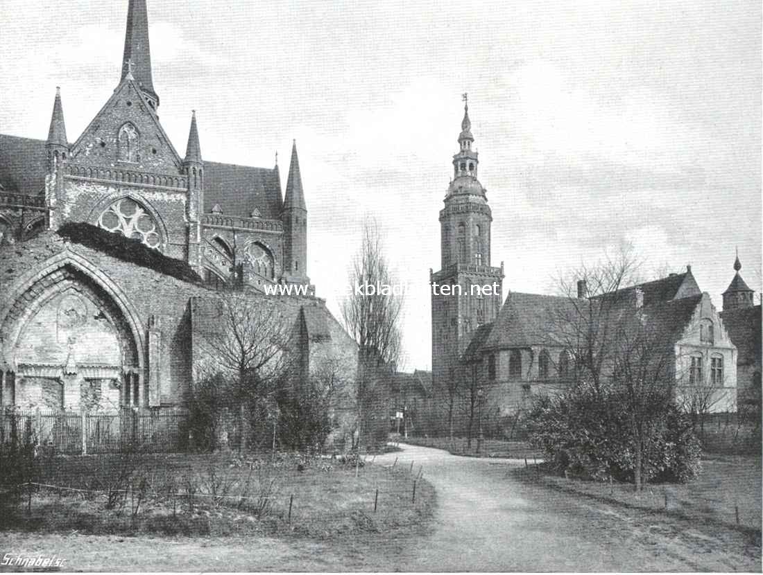 Veurne. St. Walburga-kerk en Belfort met achterzijde van het Gerechtshof