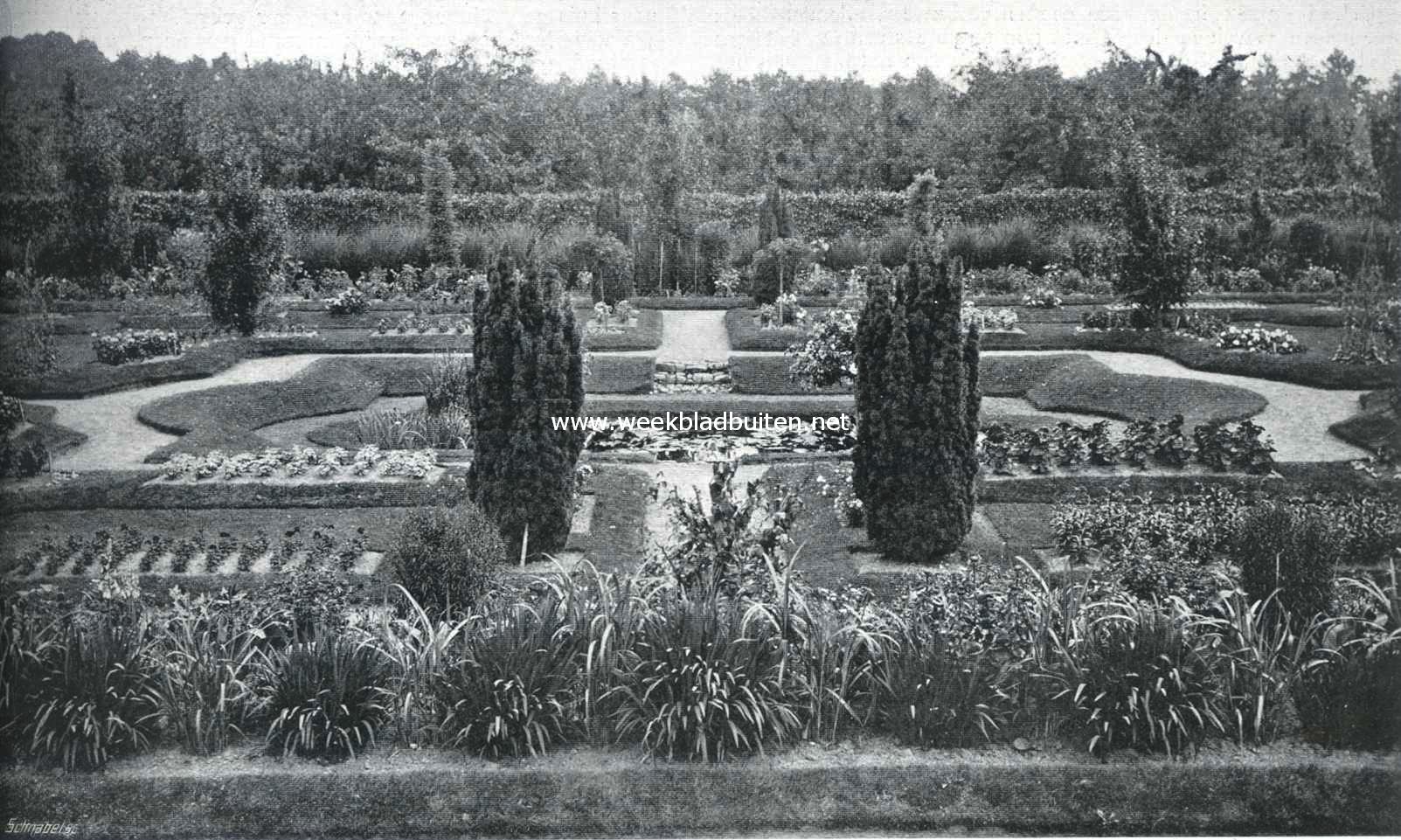 De tuin der Gerard-Adriaan-Van-Swieten-Tuinbouwschool te Frederiksoord. Fransche aanleg in den schooltuin; op den voor- en achtergrond 