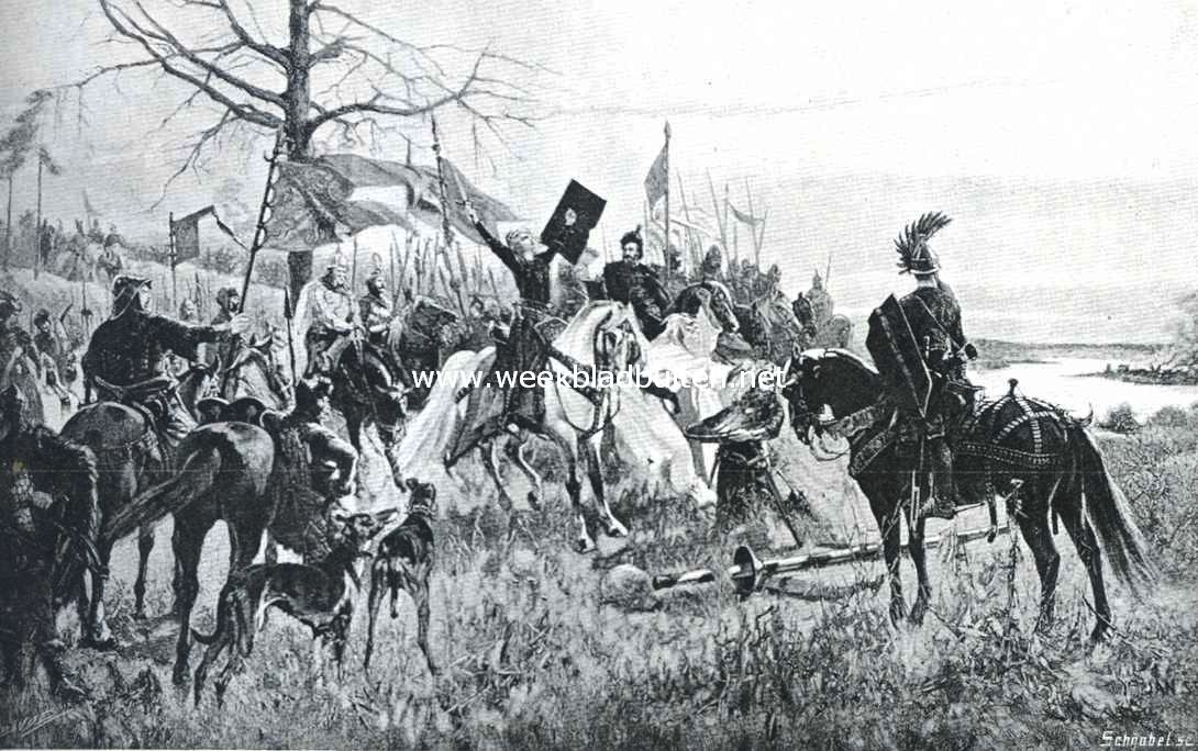 Zal Polen herleven? Een plechtige gebeurtenis in de Poolsche geschiedenis. Wittold, Prins van Litthauen, de latere koning Jagello, zweert zijn vader dat hij wraak zal nemen op de het land verwoestende Germanen. In 1440 versloeg hij aan het hoofd van alle Slaven de ridders van de Duitsche Orde. Naar de schilderij van Joh. Styka