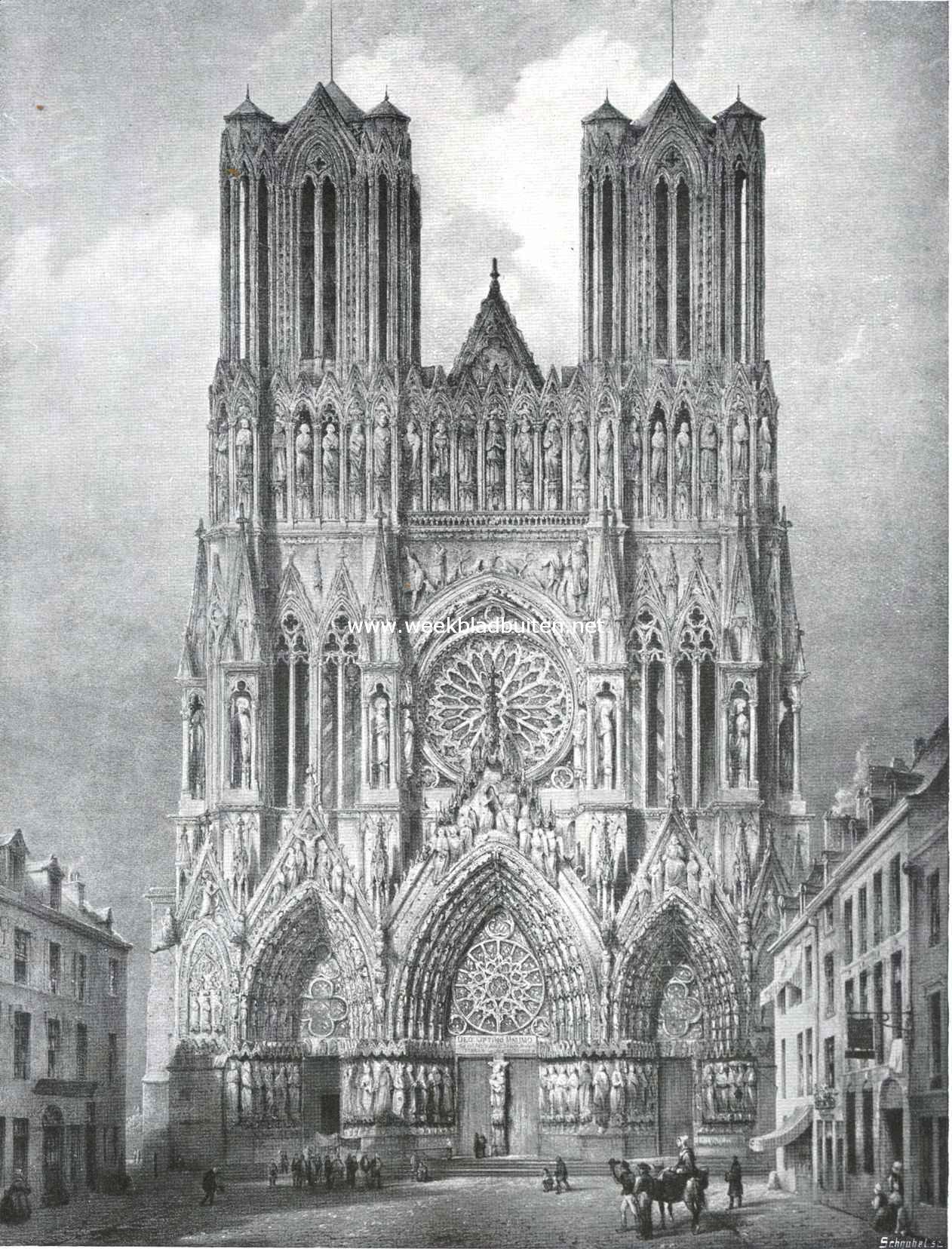 De kathedraal te Reims. Naar de lithographie van Gustave Simonau in het Rijks-Prentenkabinet