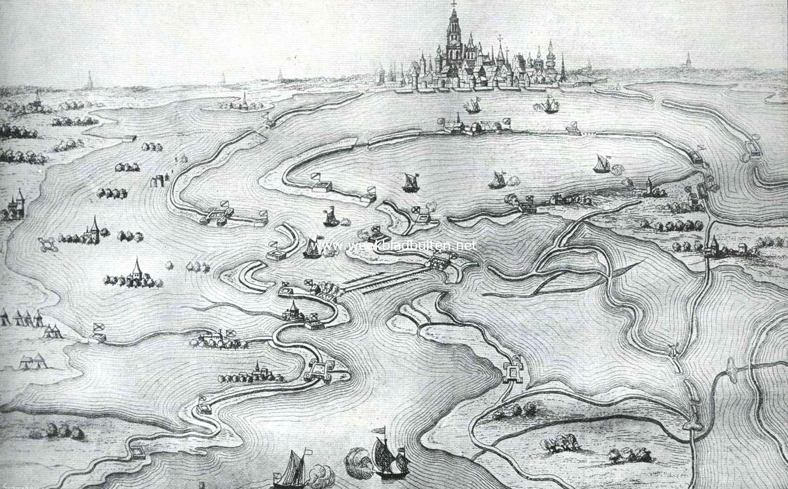 Het beleg van Antwerpen in 1584-'85. Op deze prent ziet men duidelijk de schipbrug, door Parma over de Schelde geslagen