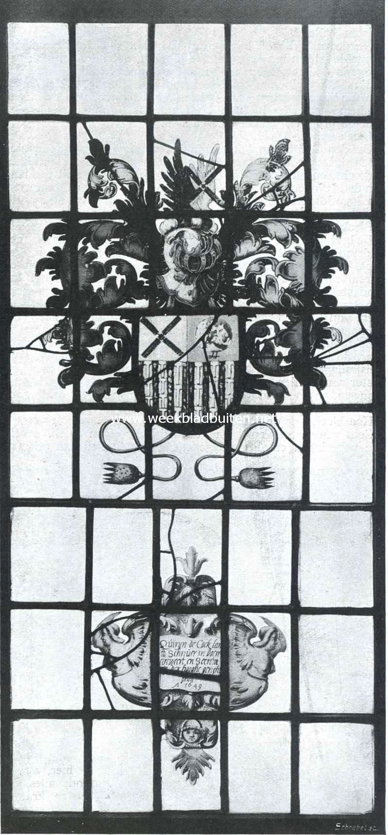 Het Spyker en het Huis te Brakel. De thans uit de hal van het kasteel verdwenen oude gebrandschilderde ramen. Raam als de drie vorige. Cartouche met opschrift: Quiryn de Cock Lantd schriwer in Boemelreweert en secretaris der hooghe gericht drien Ao 1649