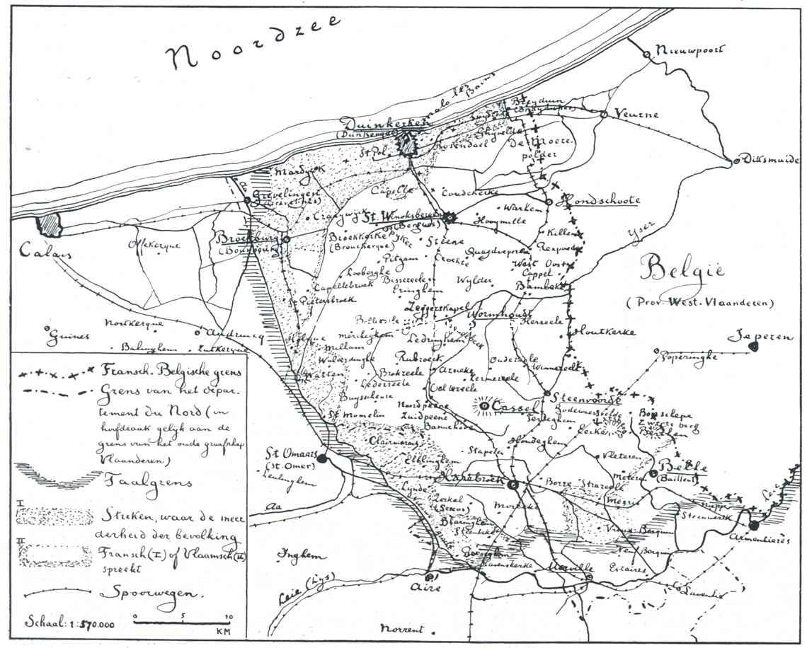 Een merkwaardige landstreek tusschen Yperen en Calais. Kaartje van Vlaamsch-sprekend Frankrijk (de arrondisementen Duinkerken en Hazebroek van het dpartement du Nord)