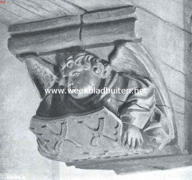 Montfoort. Gesneden balk, nog aanwezig in het huis, dat vroeger de commanderij was. Het schild vertoont het wapen der heeren van Montfoort