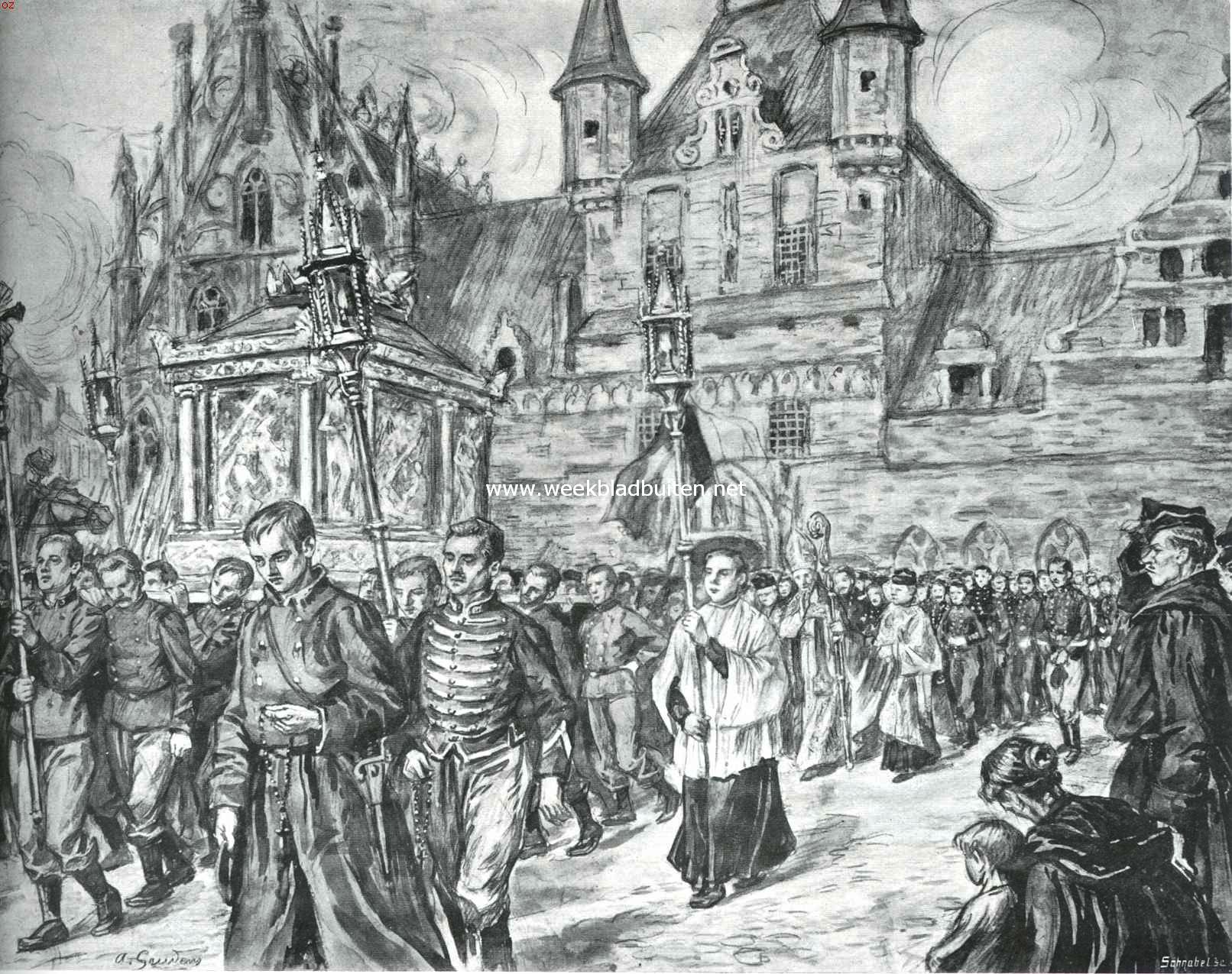 Praalstoeten, ommegangen en beevaarten te Mechelen. Plechtige optocht van soldaten met de relikwiekast van St. Rombout door Mechelen's straten, op een der eerste dagen van Augustus 1914, kort na de oorlogsverklaring. In den stoet kardinaal Mercier met eenige andere geestelijken. Naar een teekening van Albert Geudens