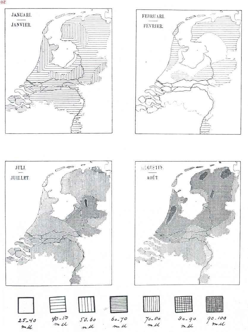 Over regen. Regenkaartje van gemiddelden regenval in verschillende maanden. Uit Dr. Hartman's 