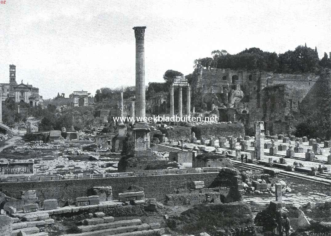 Op en om het Forum Romanum. Forum Romanum in Palatinus, gezien van den boog van Septimus Severus. Op den achtergrond verrijst de boog van Titus; links daarvan tusschen dezen boog en de kerk S. Francisca neemt men een gedeelte van het Kolosseum waar. Op den voorgrond de keizerlijke Rostra, daarachter de groote Phokas-zuil