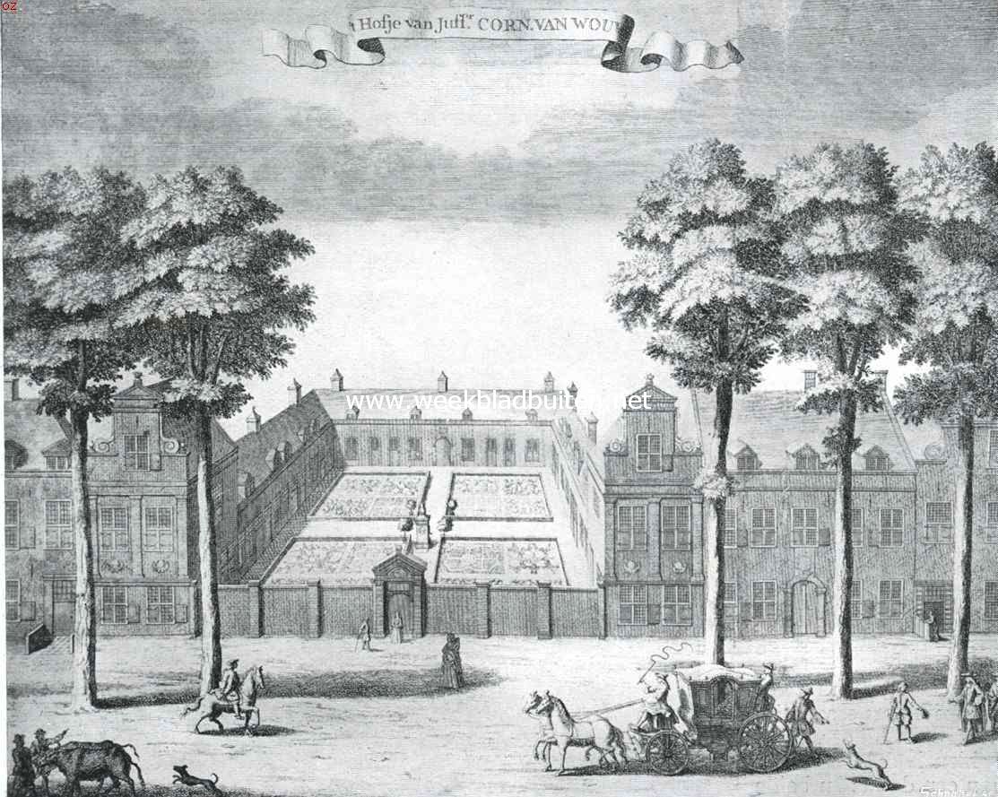 Haagsche hofjes. Het hofje van Wouw in het begin der 18e eeuw. Achter de boomen rechts het hofje van ridder van Wouw