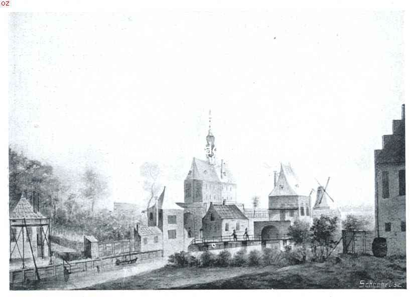 De gerestaureerde Drommedaris te Enkhuizen. Op 't einde der 16e eeuw gebouwde (Nieuwe) Keetenpoort, die in de tweede helft der  19e eeuw is afgebroken, met (rechts daarvan) de Keetenboom. Naar een aquarel in het stadhuis te Enkhuizen