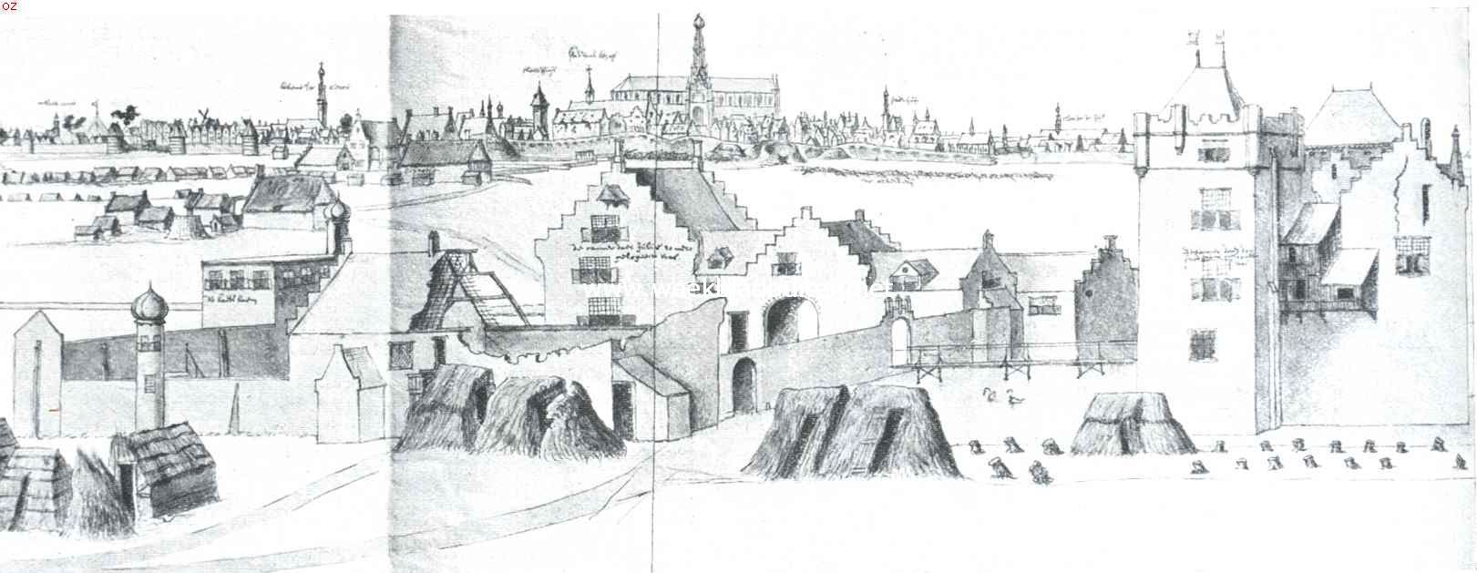 Het Huis ter Kleef tijdens het beleg van Haarlem in 1573, toen er het hoofdkwartier van Don Frederik was gevestigd. Naar een gekleurde prent op het gemeente-archief te Haarlem