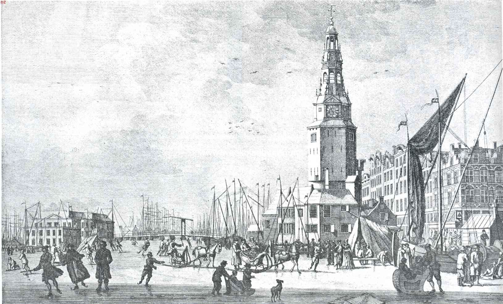 Amsterdamsche torens. Ijsvermaak bij den in 1829 gesloopten Haringpakkerstoren aan den IJ-kant nabij de Martelaarsgracht. Naar een ets van H. Schoute