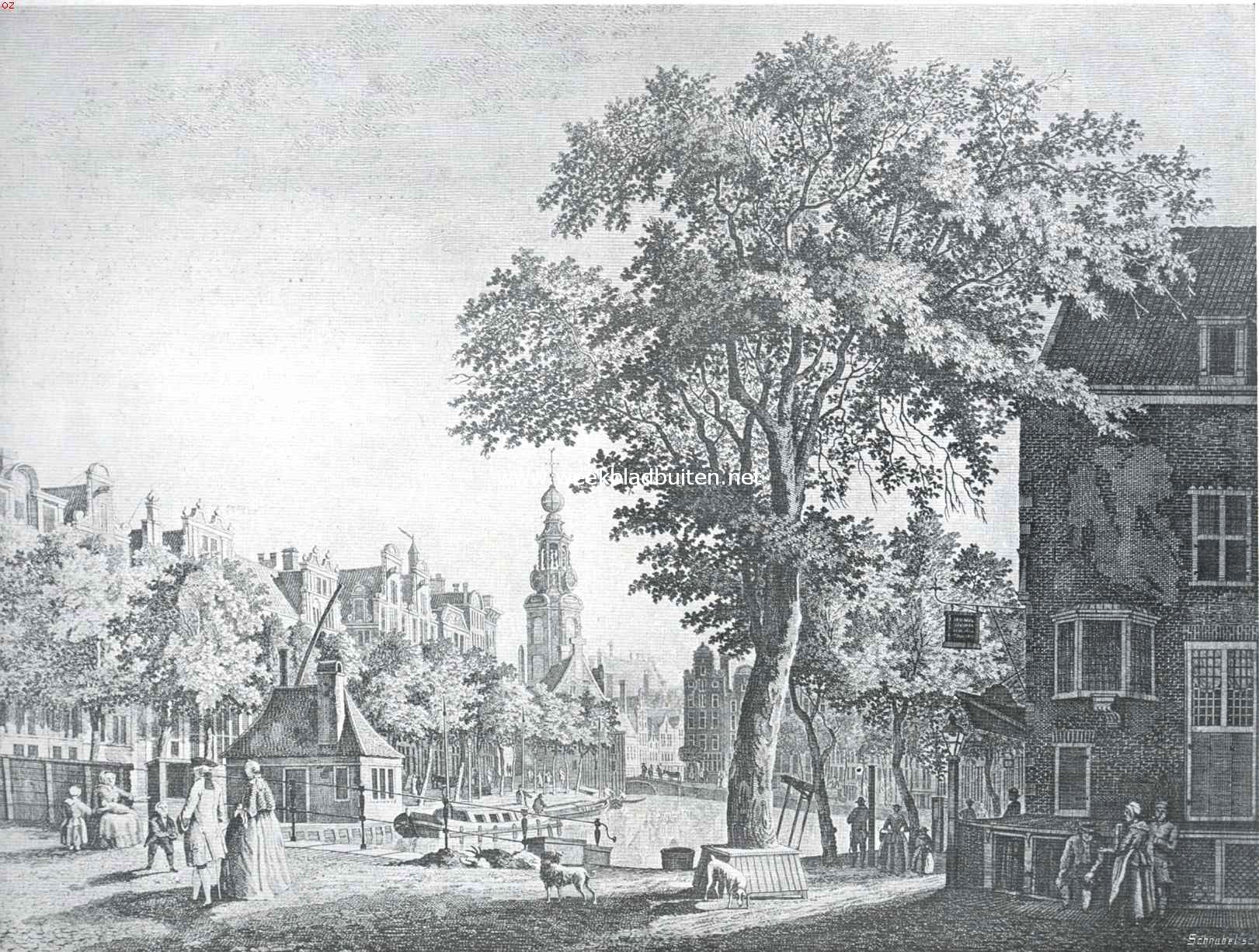 Op en om het Sophiaplein. De Munttoren, van het Koningsplein gezien. Naar de gravure van Jan de Beyer, uit den Atlas Fouquet, 18e eeuw